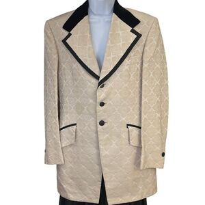 Vintage 1970s Lord West Prince Edward Ivory Brocade Tuxedo Jacket 38R Black Trim